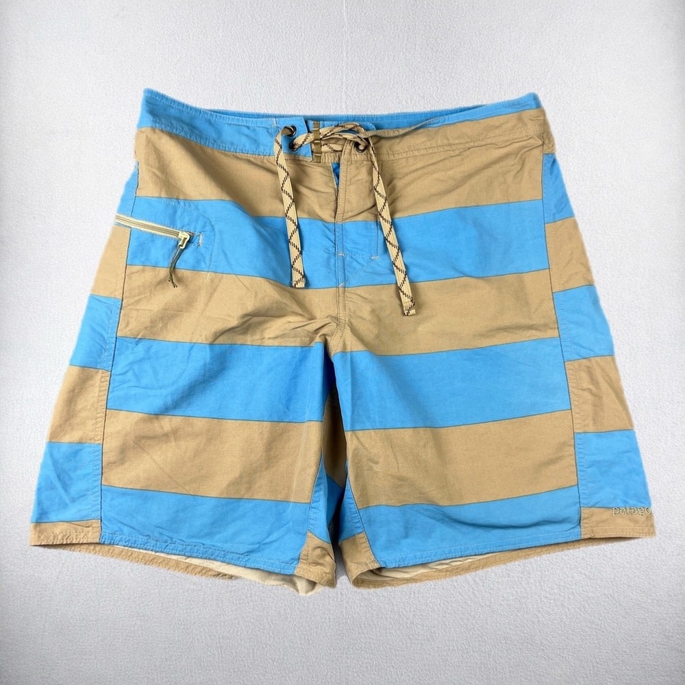 Patagonia Board Shorts Mens 32 Tan Blue Striped Wavefarer Surf Swim Trunks